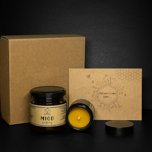 Zestaw prezentowy miód, świeca z wosku pszczelego frontowo