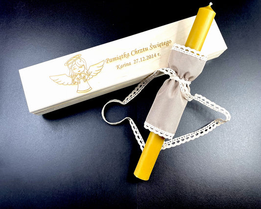 Personalizowane Drewniane Pudełko na Świecę do Chrztu  z gromnica
